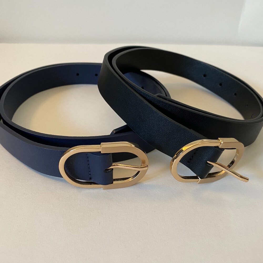 2 Pack Women's Vegan Leather Belts | 1 Black + 1 Blue with gold-tone buckles